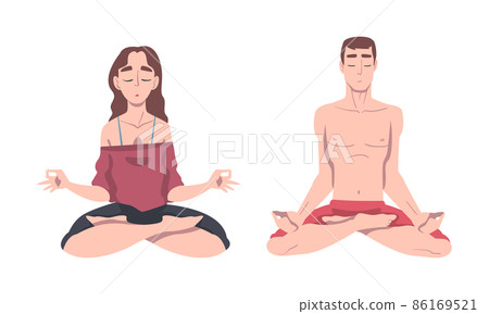 Young Man and Woman Cross-legged Sitting in Padmasana or Lotus Position Practicing Mediation Vector Set 86169521