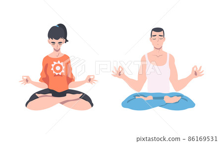 Young Man and Woman Cross-legged Sitting in Padmasana or Lotus Position Practicing Mediation Vector Set 86169531