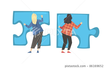 Back View of Young Woman Solving Jigsaw Puzzle Vector Set Back View of Young Woman Solving Jigsaw Puzzle Vector Set 86169652