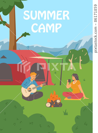 Couple relaxes in nature by the tent at summer camp, poster or flyer template - flat vector illustration. Couple relaxes in nature by the tent at summer camp, poster or flyer template - flat vector illustration. 86171859