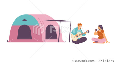 Tourists vacation on campground with tent, flat vector illustration isolated. Tourists vacation on campground with tent, flat vector illustration isolated. 86171875