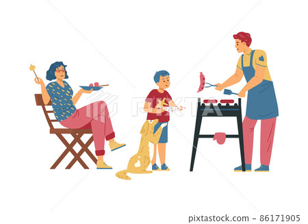 Happy family cook sausages on barbecue or grill, flat vector illustration isolated on white background. Happy family cook sausages on barbecue or grill, flat vector illustration isolated on white background. 86171905