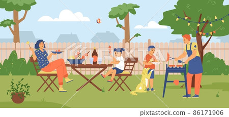 Family barbecue party on the backyard flat vector horizontal banner. Dad cook grill sausage, kid play with dog. Family barbecue party on the backyard flat vector horizontal banner. Dad cook grill sausage, kid play with dog. 86171906