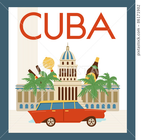 Cuba banner or card with Havana architecture and car, flat vector illustration. 86171982
