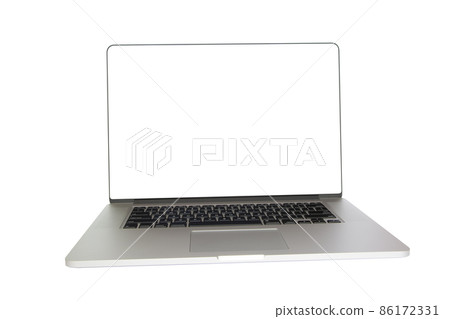 Flat morden laptop isolated on white background. Front angle view. White screen. Computer device mockup. Copy space Flat morden laptop isolated on white background. Front angle view. White screen. Computer device mockup. Copy space 86172331