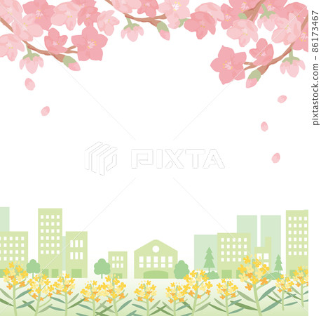 Spring townscape and spring new life_Green building, cherry blossoms and rape blossoms image 86173467