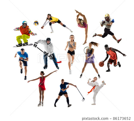 Sport collage about soccer, american football, basketball, volleyball, tennis, rugby, handball players with balls isolated on white background with copy space 86173652