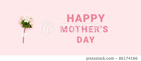 Happy mother day concept. White delicate flower cherry twig on a pink background with place for text 86174166