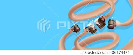 Creative artwork. Hands holding wooden beer mugs, clinking isolated over blue background Creative artwork. Hands holding wooden beer mugs, clinking isolated over blue background 86174425