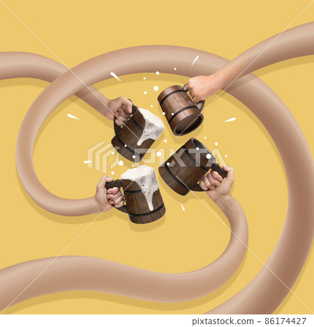 Colorful design. Contemporary art collage of four long hands clinking wooden mugs filled with foamy beer isolated over yellow background Colorful design. Contemporary art collage of four long hands clinking wooden mugs filled with foamy beer isolated over yellow background 86174427