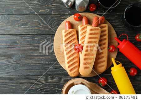 Concept of tasty food with french hot dog Concept of tasty food with french hot dog 86175481