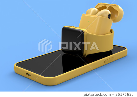 Mockup of smart watches and wireless bluetooth headphones lying on smartphone. 86175653