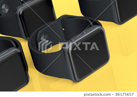 Mockup of smart watches or fitness tracker lying on yellow background. Mockup of smart watches or fitness tracker lying on yellow background. 86175657