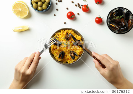 Concept of delicious food with Spanish Paella Concept of delicious food with Spanish Paella 86176212