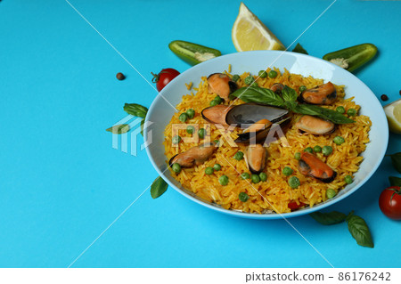 Concept of delicious food with Spanish Paella Concept of delicious food with Spanish Paella 86176242