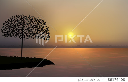 Beautiful golden sunset over the ocean with lonely silhouette of the tree standing on a hill. Beautiful golden sunset over the ocean with lonely silhouette of the tree standing on a hill. 86176408