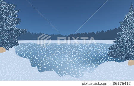 Frozen water covered with snow surrounded by fir trees, beautiful winter night. 86176412
