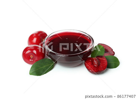 Tasty cherry jam isolated on white background 86177407