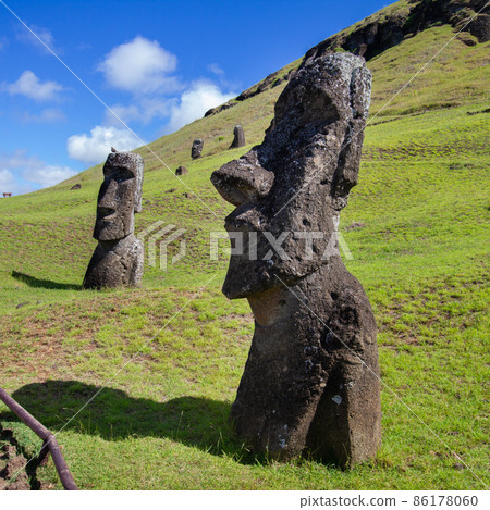 Moai stone sculptures at Rano Raraku, Easter island, Chile. 86178060
