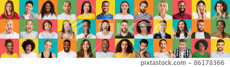 People faces and emotions. Set of multiracial men and women portraits over color studio backgrounds, panorama 86178366