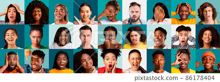 Collection of male and female emotional portraits, millennials showing emotions 86178404