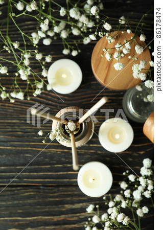 Aromatic concept with diffuser on wooden table Aromatic concept with diffuser on wooden table 86178474