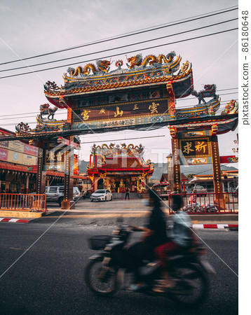 Chinese temple and shrine in Phuket Chinatown old town, Thailand 86180648