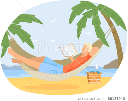 Man rests lies on hammock and reads, studies book. Leisure, pastime at home or in vacation 86181040