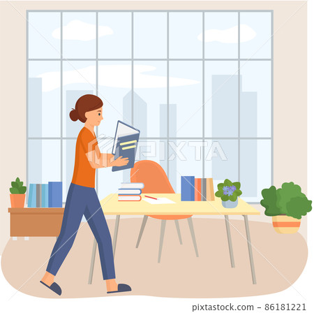 Young woman reading book standing near stack of books in living room, studying at home Young woman reading book standing near stack of books in living room, studying at home 86181221