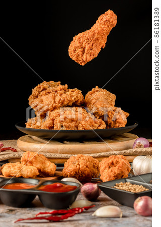 crispy fried chicken plate. Delicious homemade crispy fried chicken.  86181389