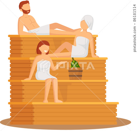 Sauna and steam room. Set of people in sauna. People relax and steam with birch brooms in banya 86181514
