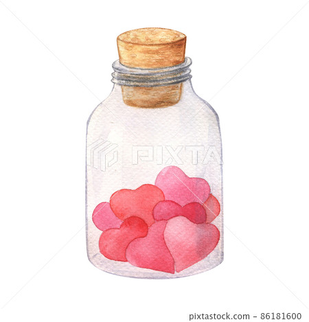 Bottle with red hearts watercolor illustration 86181600