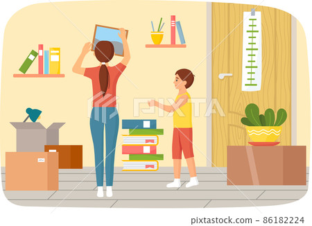Family moving to new house, change place of residence. People unpack things after shipping Family moving to new house, change place of residence. People unpack things after shipping 86182224