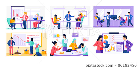 Set of illustrations about bankruptcy, declining indicators of profit, economic problems of company 86182456