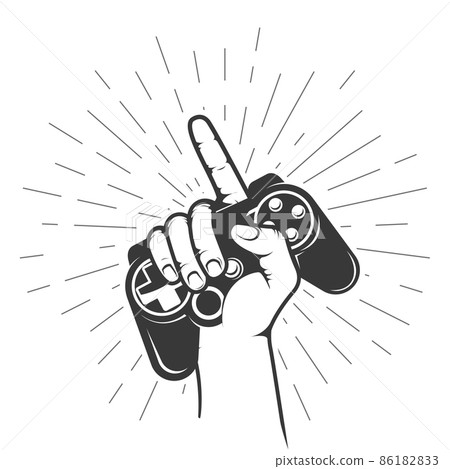 Gamepad palmed in gamer hand with pointing finger gesture, retro game controller or joystick squeezed in hand, vector 86182833