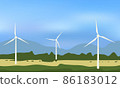 Wind turbines, ecological power generators, standing on the green camp with distant mountains. 86183012
