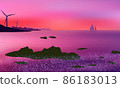 Beautiful mauve sunset with wind power generators on distant hills and sailing yacht. Rocky shore and sea foam. 86183013