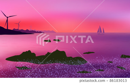 Beautiful mauve sunset with wind power generators on distant hills and sailing yacht. Rocky shore and sea foam. Beautiful mauve sunset with wind power generators on distant hills and sailing yacht. Rocky shore and sea foam. 86183013
