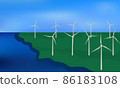 Wind turbines, ecological power generators, standing on a green beach. 86183108