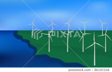 Wind turbines, ecological power generators, standing on a green beach. 86183108
