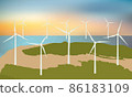 Wind turbines, ecological power generators, standing on a beach with sand and grass. 86183109