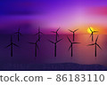 Wind turbines, ecological power generators, standing in the water. Beautiful mauve sea sunset. 86183110