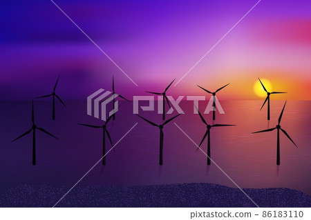 Wind turbines, ecological power generators, standing in the water. Beautiful mauve sea sunset. Wind turbines, ecological power generators, standing in the water. Beautiful mauve sea sunset. 86183110