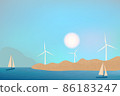 Wind turbines, ecological power generators, standing on the hills. Sea beach view with rocks and sailing yachts. 86183247