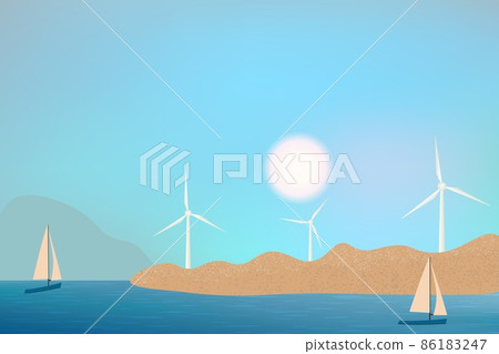 Wind turbines, ecological power generators, standing on the hills. Sea beach view with rocks and sailing yachts. Wind turbines, ecological power generators, standing on the hills. Sea beach view with rocks and sailing yachts. 86183247