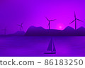 Wind turbines, ecological power generators, standing on the hills. Beautiful starry night on a Sea beach with rocks and sailing yacht. 86183250