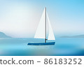 Sailing yacht on sea waves with mountains view in daylight. 86183252
