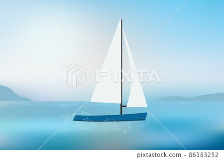 Sailing yacht on sea waves with mountains view in daylight. Sailing yacht on sea waves with mountains view in daylight. 86183252