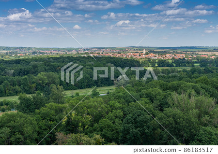 Lednice-Valtice complex, view from Minaret-observation tower for park with trees, on background town Podivin Lednice-Valtice complex, view from Minaret-observation tower for park with trees, on background town Podivin 86183517