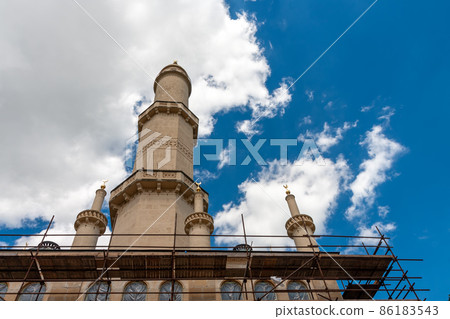 Minaret-observation tower in Moorish revival architecture style in Lednice-Valtice complex under reconstruction. 86183543